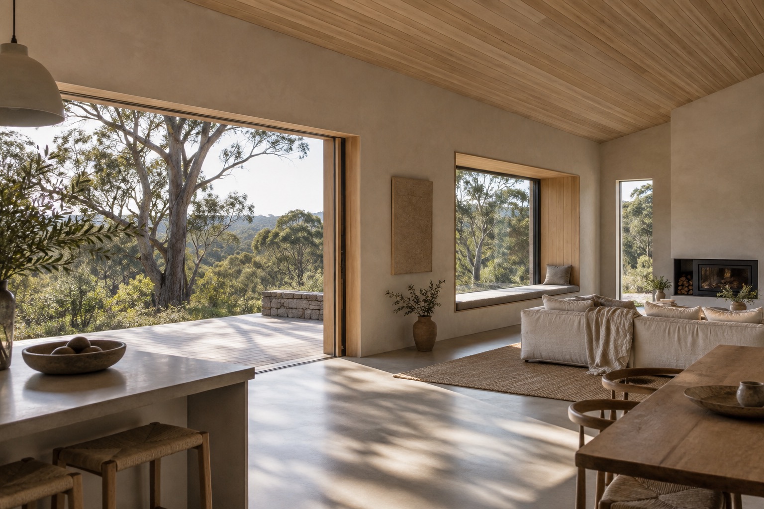 Timber-lined residential interior with large windows
